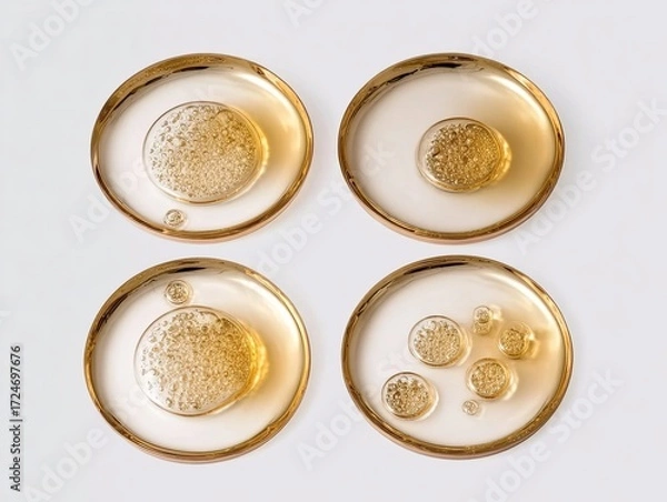 Obraz Four petri dishes containing golden-hued liquid samples, possibly for scientific or laboratory analysis.