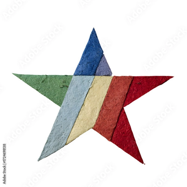 Fototapeta Abstract star crafted with textured paper, featuring vibrant segments in blue, green, red, and orange, geometrically presented and isolated on a pristine white background