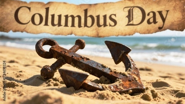 Fototapeta Discovering new horizons with a rusty anchor resting on a sandy beach, celebrating Columbus Day's spirit of exploration and adventure