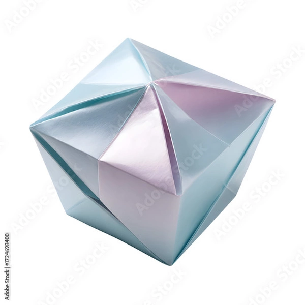 Fototapeta Intricate geometric starburst cube meticulously crafted from pearlescent paper, showcasing the traditional Japanese art of origami on a white background