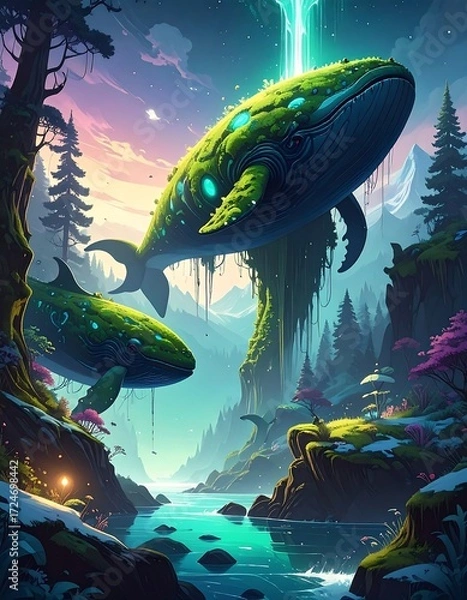 Fototapeta Two whales in a vibrant fantasy landscape