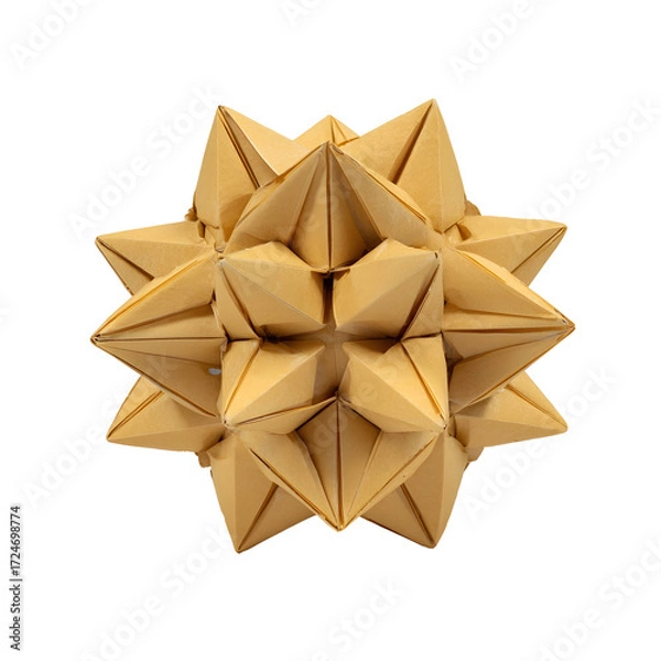Fototapeta Intricate geometric modular origami starburst sculpture, a complex spiky polyhedron made from folded paper, isolated on a white background