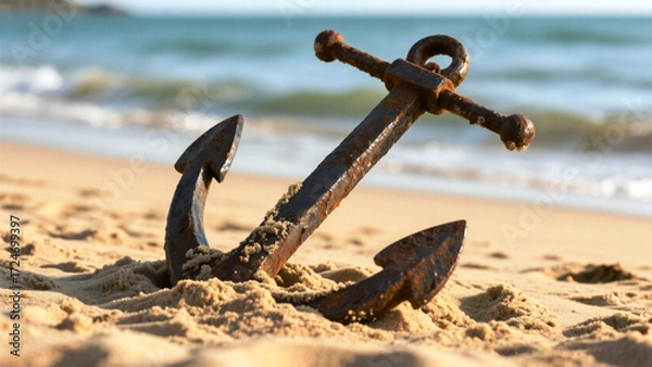 Fototapeta Weathered rusty anchor firmly planted in golden beach sand with gentle ocean waves in background, symbolizing stability and grounding.