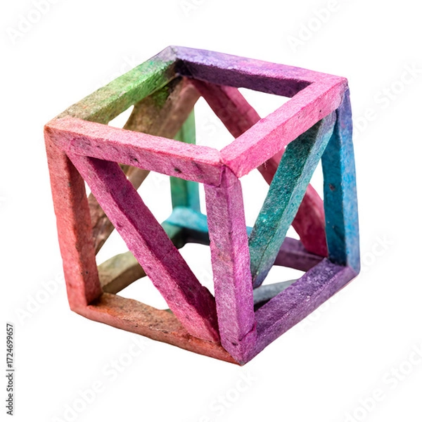 Fototapeta Vibrant multi-colored wooden geometric cube structure, handcrafted and isolated against a pristine white background, showcasing abstract artistry and intricate design