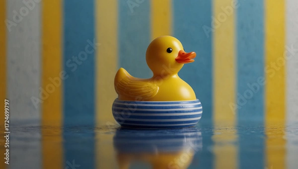 Fototapeta Playful Yellow Rubber Duck on Blue and White Striped Waves – Minimalist Whimsical Toy Design