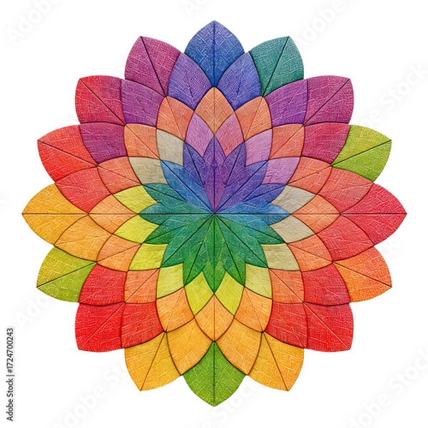 Fototapeta A captivating intricate geometric pattern, tessellated with vibrant rainbow-colored leaf-like elements forming a beautiful floral design, meticulously isolated on a clean white background