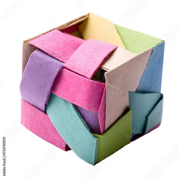Fototapeta A colorful geometric origami cube, meticulously woven from paper strips. This handmade craft is isolated on a clean white background
