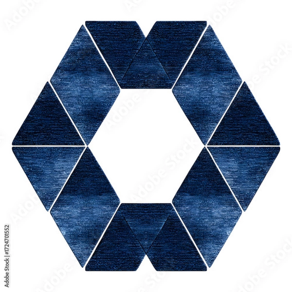Fototapeta Deep blue geometric pattern with tessellated triangles forming a symmetrical abstract design, isolated on white with a central hexagonal void