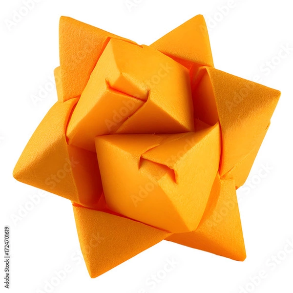 Fototapeta Intricate orange origami star with complex geometric folds, a beautiful example of modular papercraft isolated on a pure white background