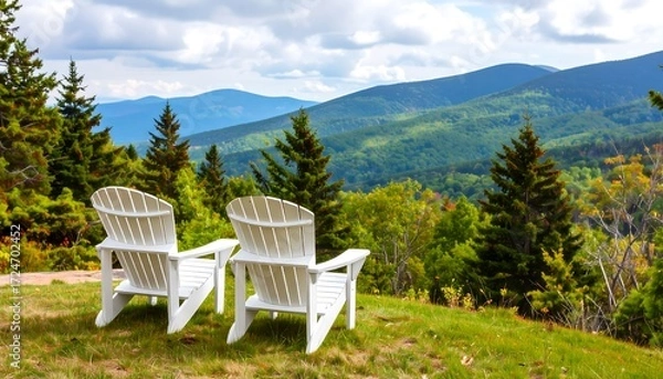 Fototapeta Two white Adirondack chairs on a grassy hill overlook a mountain vista