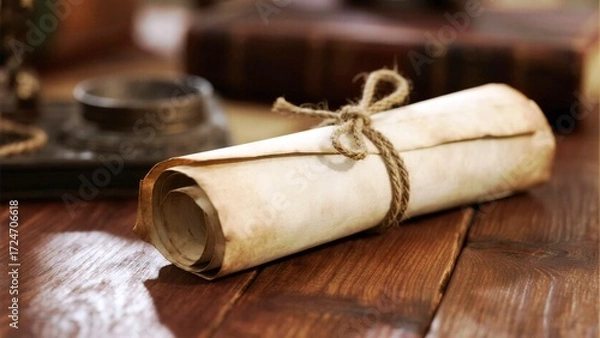 Fototapeta Unrolling a vintage parchment scroll tied with rustic twine on a warm wooden desk, evoking history, knowledge, and timeless wisdom ready for discovery