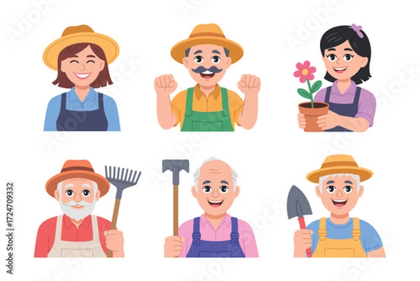 Fototapeta Set of Vector Cartoon Farmer Characters Featuring Friendly Farmers with Hats, Pitchforks, and Farm Animals, Great for Farming Promotions, Rural Marketing, and Educational Graphics