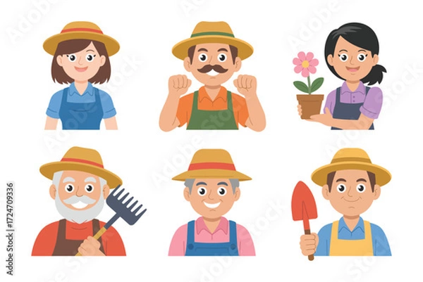 Fototapeta Set of Vector Cartoon Farmer Characters Featuring Friendly Farmers with Hats, Pitchforks, and Farm Animals, Great for Farming Promotions, Rural Marketing, and Educational Graphics
