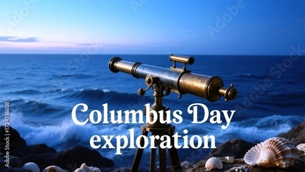 Fototapeta Discover new horizons with this antique telescope poised over the vast, dynamic ocean, evoking a spirit of adventure and historical exploration for Columbus Day themes.