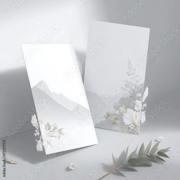 Fototapeta Two white cards with minimalist mountain and floral designs