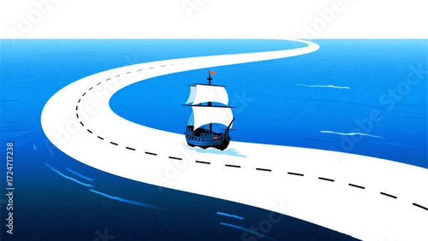 Fototapeta Sailing a white road across a vibrant blue ocean, symbolizing a clear path forward and adventurous journey towards new horizons.