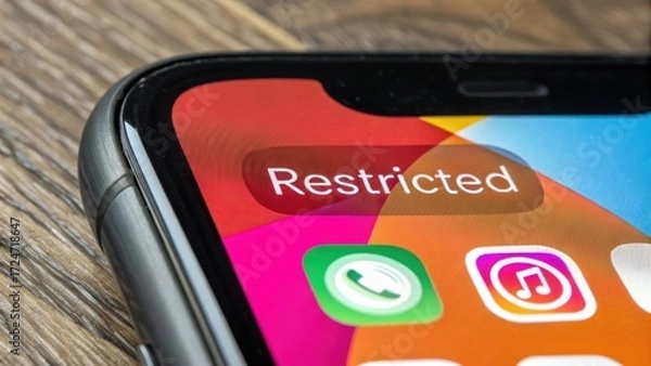 Fototapeta Smartphone screen displays Restricted notification on social media app icon, symbolizing media ban