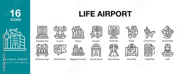 Fototapeta Life Airport icon set. Includes airport, travel, airplane, trip, departure and More. Editable Stroke Icon Collection.