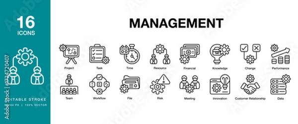 Fototapeta Management icon set. Includes business, manager, corporate, professional, meeting and More. Editable Stroke Icon Collection.