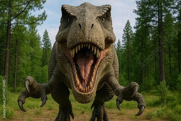 Fototapeta Tyrannosaurus Rex Roaring and Attacking in Forest Background