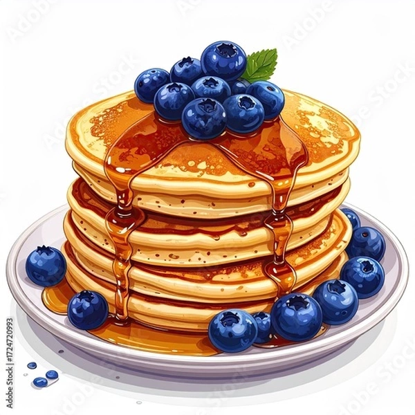Fototapeta Stack of golden pancakes topped with blueberries and syrup