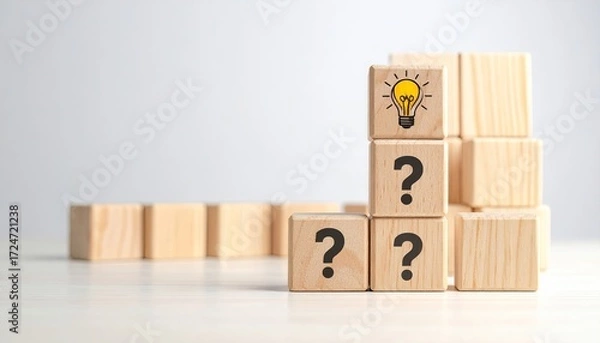 Fototapeta Wooden blocks with lightbulb and question marks, symbolizing problem-solving