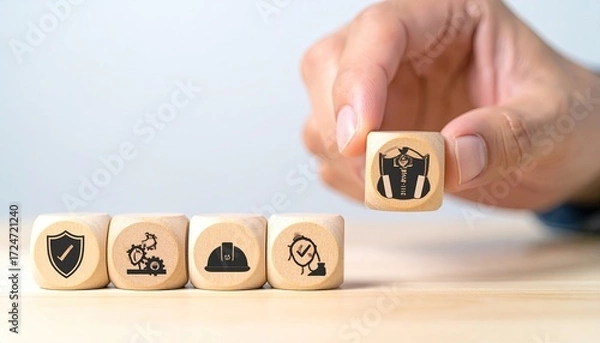 Fototapeta Hand selecting a wooden cube with safety gear icon