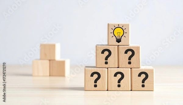 Fototapeta Wooden blocks, stacked in a pyramid, with question marks and a lightbulb, representing ideas and questions
