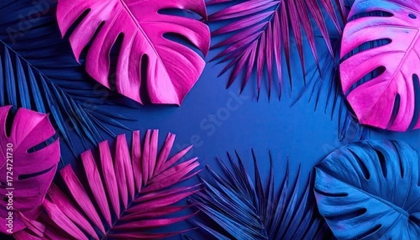 Fototapeta Vibrant hot pink and deep blue tropical leaves arranged on a dark blue background