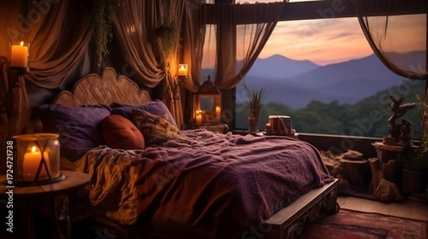 Fototapeta A vintage bohemian bedroom with a tapestry-covered bed and a handmade wooden lamp, warm amber lighting casting intricate shadows, distant mountains glowing softly at twilight. 