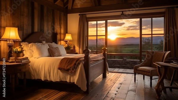 Fototapeta A warm country-style room with a quilted bed and a brass table lamp, golden light spilling onto rustic wood floors, distant mountain ranges visible under the setting sun. 