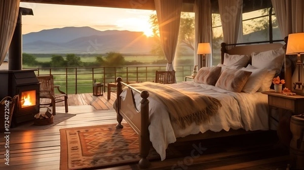 Fototapeta A warm country-style room with a quilted bed and a brass table lamp, golden light spilling onto rustic wood floors, distant mountain ranges visible under the setting sun. 