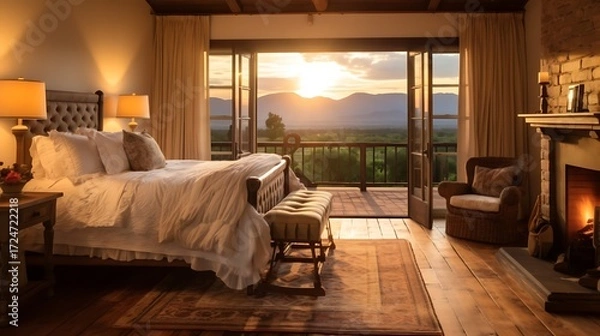 Fototapeta A warm country-style room with a quilted bed and a brass table lamp, golden light spilling onto rustic wood floors, distant mountain ranges visible under the setting sun. 