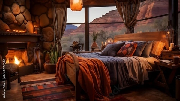 Fototapeta Bohemian-style room with a colorful bedspread and a copper lamp, warm orange glow illuminating the space, rugged mountain terrain outside, eclectic decor. 