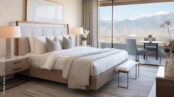 Fototapeta Contemporary bedroom with a king-sized bed and a crystal lamp, soft white light highlighting the mountain view, sleek furnishings, serene ambiance. 