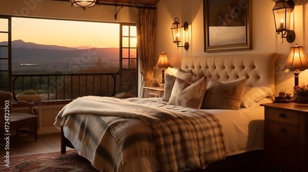 Fototapeta Country-style bedroom with a quilted bed and a brass lamp, warm amber light casting long shadows, rolling hills and mountains in the distance, rustic charm. 
