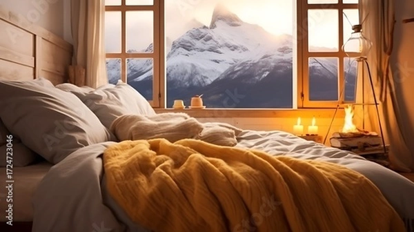 Fototapeta Cozy room with a beige bed and a warm yellow lamp, golden light spilling onto the floor, snowy mountain peaks visible through the window, soft shadows. 