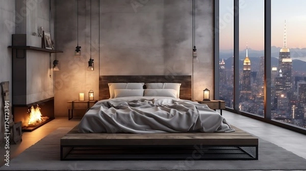 Fototapeta Industrial chic bedroom with a concrete bed and a steel lamp, cool white light illuminating the space, city skyline and mountains visible through the window, edgy design. 