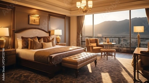 Fototapeta Luxury suite with a king-sized bed and a crystal chandelier lamp, opulent golden light highlighting the mountain view, elegant furnishings, high-end design. 