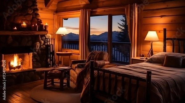 Fototapeta Mountain lodge room with a log bed and a lantern lamp, warm orange light casting shadows, snow-covered mountains outside, rustic elegance. 
