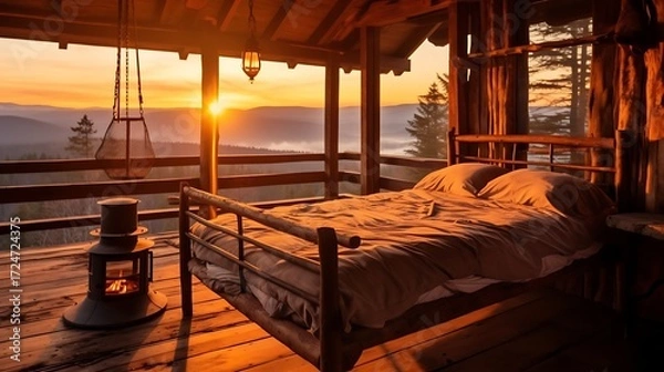 Fototapeta Rustic cabin with a wooden bed and a vintage brass lamp, warm amber light casting long shadows, misty mountains in the distance, earthy tones. 
