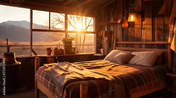 Fototapeta Rustic cabin with a wooden bed and a vintage brass lamp, warm amber light casting long shadows, misty mountains in the distance, earthy tones. 