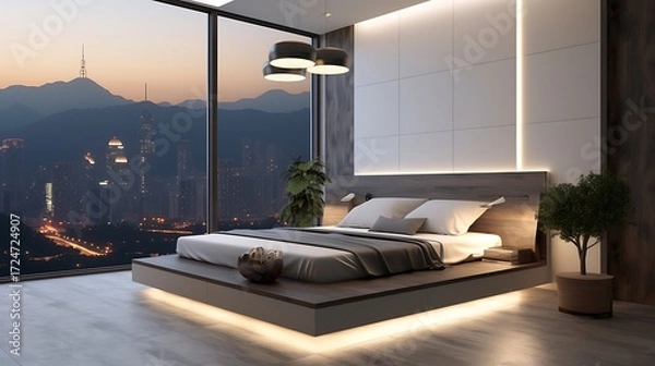 Fototapeta Urban apartment with a platform bed and a pendant lamp, cool white light illuminating the space, city lights and mountains visible through the window, modern aesthetic. 