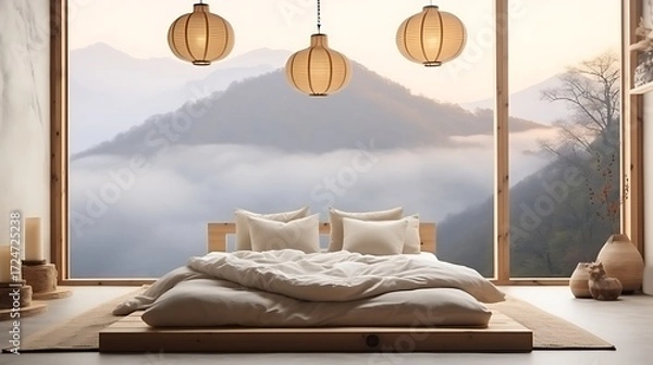 Fototapeta Zen-inspired bedroom with a tatami bed and a paper lantern, soft white light creating a peaceful atmosphere, misty mountains in the background, calming tones. 