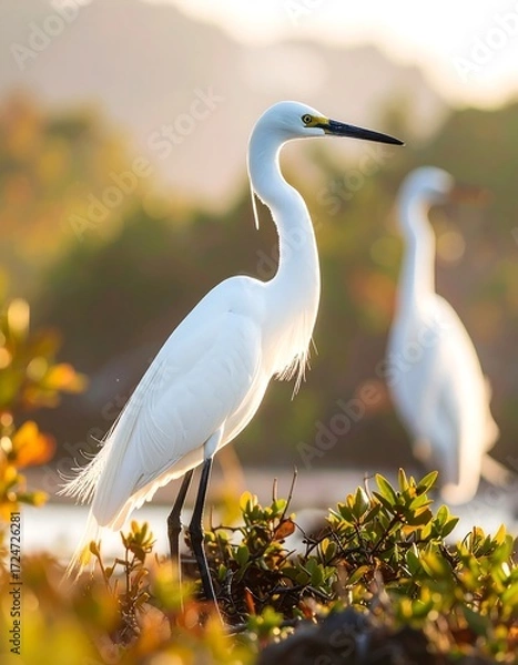 Fototapeta Two white egrets in golden light