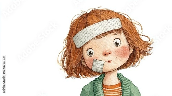 Fototapeta A young girl with curly red hair and a playful expression, sporting bandages on her forehead and cheek, showcasing a mix of innocence and resilience.