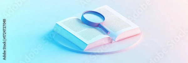 Fototapeta Creative abstract business background featuring book with magnifying glass for World Book Day technology education concept. Modern 3D illustration design for digital marketing materials and poster bac