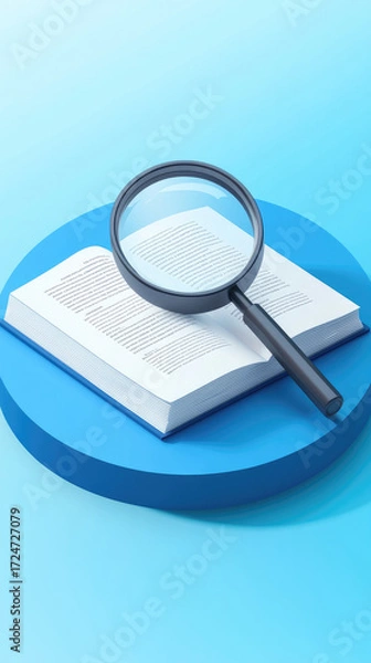 Fototapeta Creative abstract business background featuring book with magnifying glass for World Book Day technology education concept. Modern 3D illustration design for digital marketing materials and poster bac