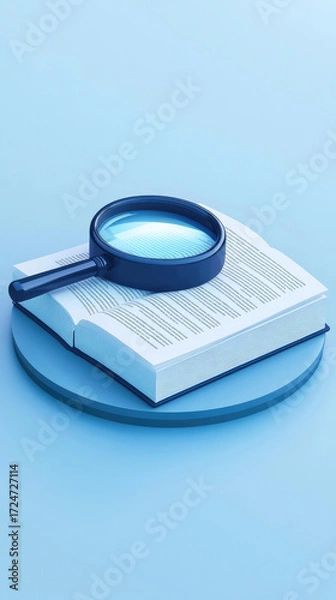 Fototapeta Creative abstract business background featuring book with magnifying glass for World Book Day technology education concept. Modern 3D illustration design for digital marketing materials and poster bac