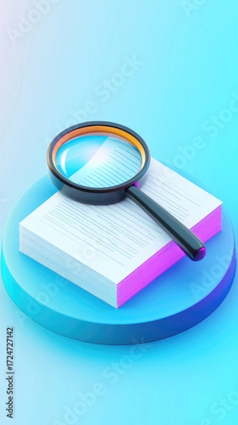 Fototapeta Creative abstract business background featuring book with magnifying glass for World Book Day technology education concept. Modern 3D illustration design for digital marketing materials and poster bac